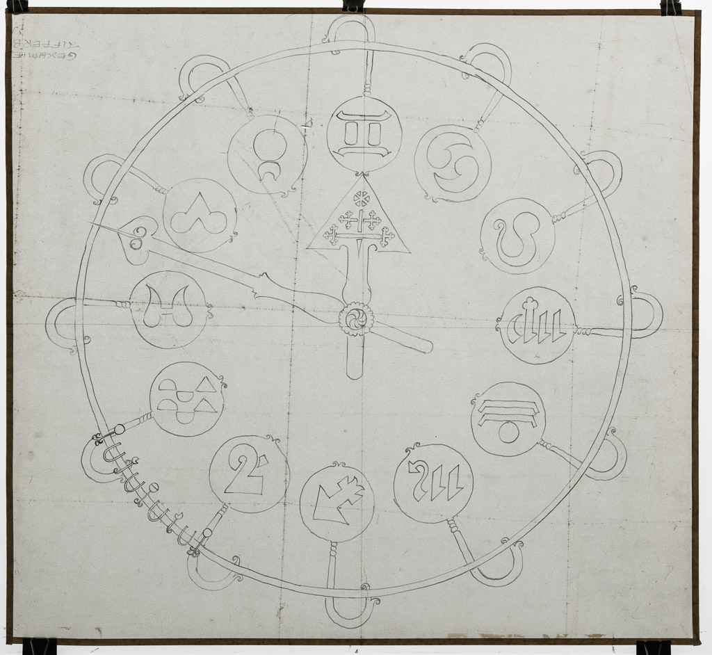 Tuschezeichnung 59x63 cm, „Geschmiedetes Ziffernblatt“