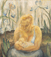 Mutterbild mit Schwertlilien, Ölbild 59x53 cm